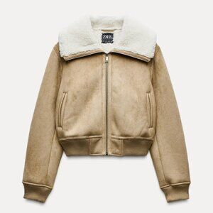 NWT) ZARA DOUBLE FACED RIB HEMP JACKET - FAUX SHEARLING - size M BEIGE